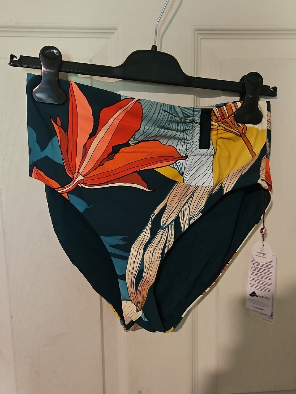 CALIA Asymmetrical Rectangle Trim Swim Bottoms:BOTANICAL PRINT SEA GREEN: NWT: M
